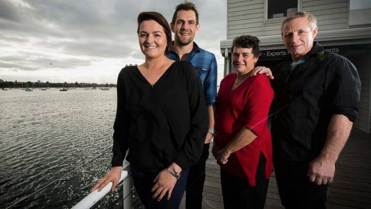 The partner of the late country footballer Aaron Mahoney, Emma Craddock (l) with Hawthorn captain Luke Hodge and Aaron's parents, Sheryl and Russell Mahoney Photo: Chris Hopkins