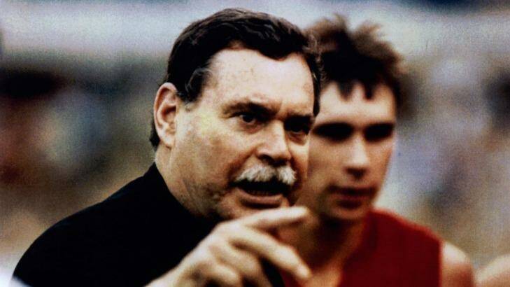 Ron Barassi when he was coach of the Sydney Swans, with team captain Paul Kelly. Photo: Stuart Hannagan