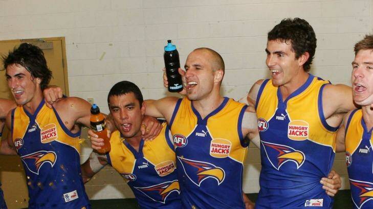 Party time: The Eagles celebrate after their win over Sydney in round 1, 2007. Photo: Vince Caligiuri