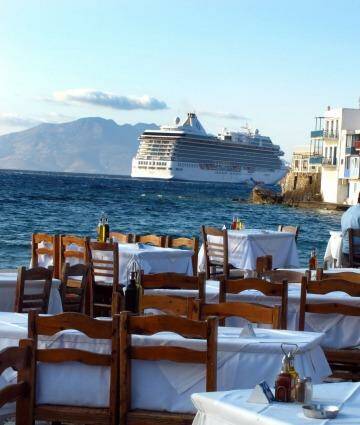 Fairfax Media. Travel Greece, Mykonos 2011. Photo Ross Duncan, tourists, cruise liner ship restaurant holiday greek