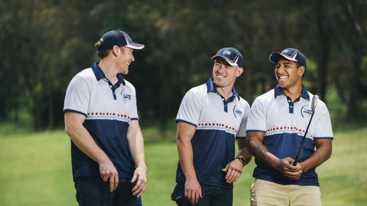 Joel Monaghan, Terry Campese and fellow former Canberra Raider Sami Sauiluma at the Terry Campese Charity Golf day at the Federal Golf Club. Photo: Rohan Thomson