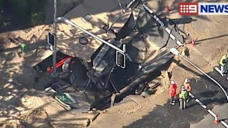 A sink hole has created traffic chaos on the Gold Coast. Photo: Channel Nine