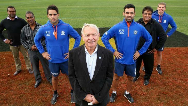 True Roos: Byron Pickett, Jim Krakouer, Daniel Wells, Barry Cable, Lindsay Thomas, Phil Krakouer and Jed Anderson at the launch of the club's Reconciliation Action Plan. Photo: Pat Scala