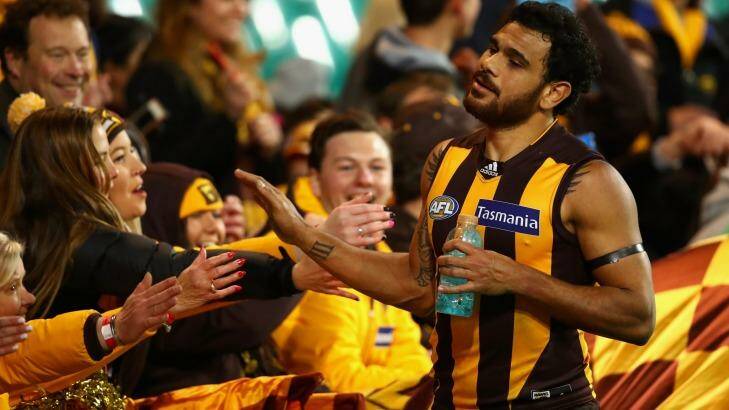 Left it late: Cyril Rioli's set shot with 77 seconds left on the clock saw the Hawks seal a memorable five-point win over Sydney in Round 17. Photo: Cameron Spencer/Getty Images