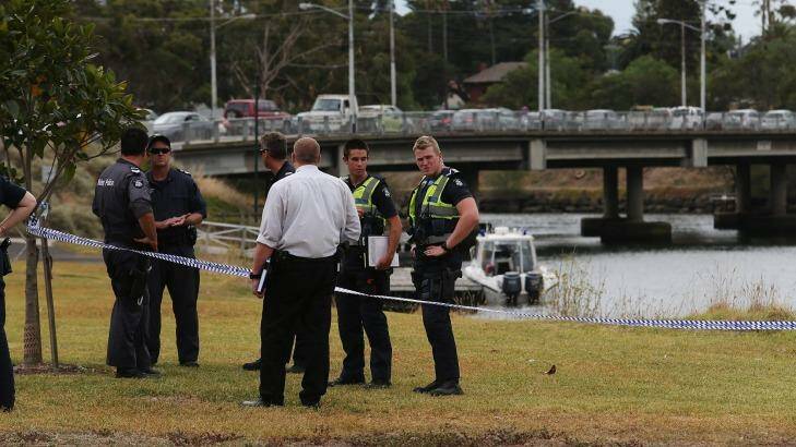 Police at the Maribyrnong River where body parts were found on Saturday, prior to another discovery of remains on Sunday. Photo: Paul Jeffers