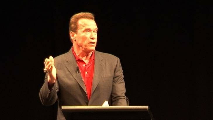 Arnold Schwarzenegger spoke to hundreds at a real estate convention at the RNA Convention Centre on Tuesday. Photo: Scott Beveridge