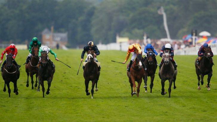 Down the straight: Ryan Moore riding Twilight Son (centre left) wins the Diamond Jubilee Stakes at Royal Ascot. Photo: Alan Crowhurst