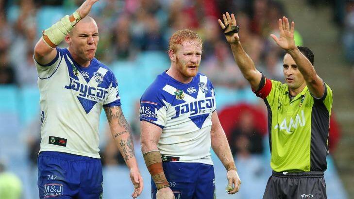 Marching orders: David Klemmer of the Bulldogs reacts after being sent to the sin bin for dissent in a Bulldogs clash with South Sydney in 2015. Photo: Brendon Thorne