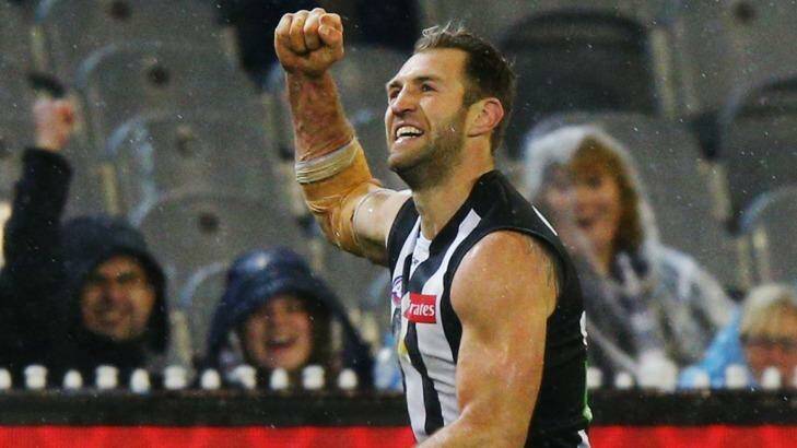 Recalled to the side to play the Dockers, Travis Cloke celebrates a goal for Collingwood at the MCG last Friday. Photo: Michael Dodge/AFL Media