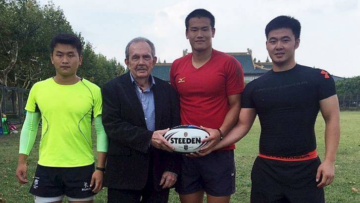 New frontier: Paul Broughton with three Chinese rugby league players.  Photo: Supplied