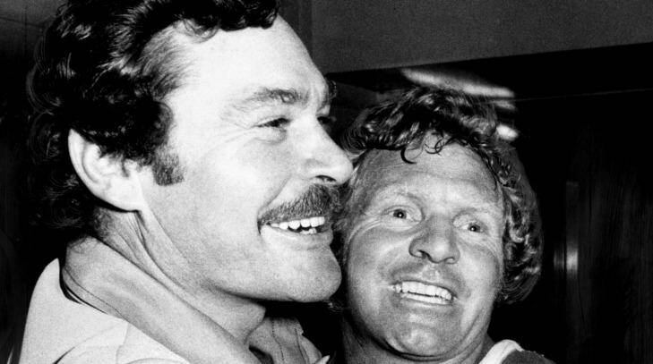 North Melbourne coach Ron Barassi and star Barry Cable after the win over Richmond in the preliminary final in 1975. Photo: The Age