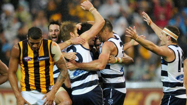 Geelong celebrate after beating Hawthorn in round 2, 2012. Photo: Sebastian Costanzo