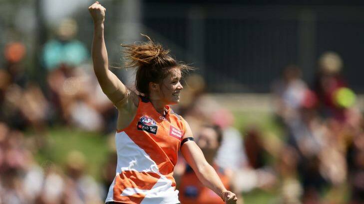 GWS player Stephanie Walker celebrates a goal during the AFLW round three match between the Giants and Fremantle Dockers in Blacktown on Saturday.