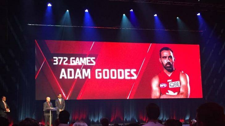 Club icon: Adam Goodes speaking to the Swans faithful on Friday night. Photo: David Sygall