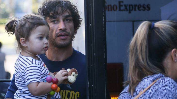Thurston with daughter Frankie on Monday morning.  Photo: Peter Rae