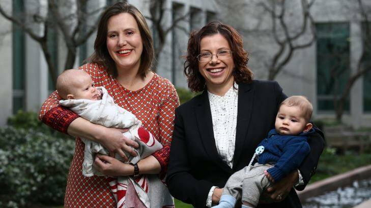 Ms O'Dwyer, with daughter Olivia, and Labor's Amanda Rishworth with son Percy, is part of a "baby boom" in Parliament.  Photo: Andrew Meares