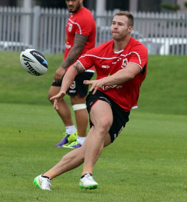 Off to Penrith: Trent Merrin training with the Dragons last week. Photo: Robert Peet