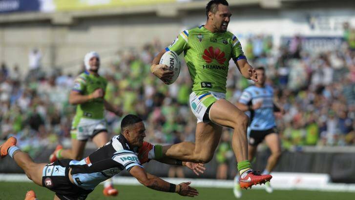 Canberra Raiders winger Jordan Rapana on his way to the tryline. Photo: Graham Tidy