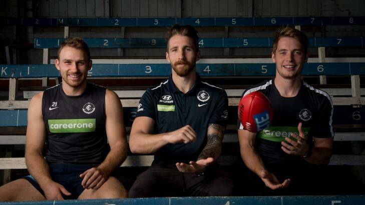 Irish eyes are smiling: Ciaran Sheehan, Zach Tuohy and Ciaran Byrne pose for a photo at Ikon Park. Photo: Jesse Marlow