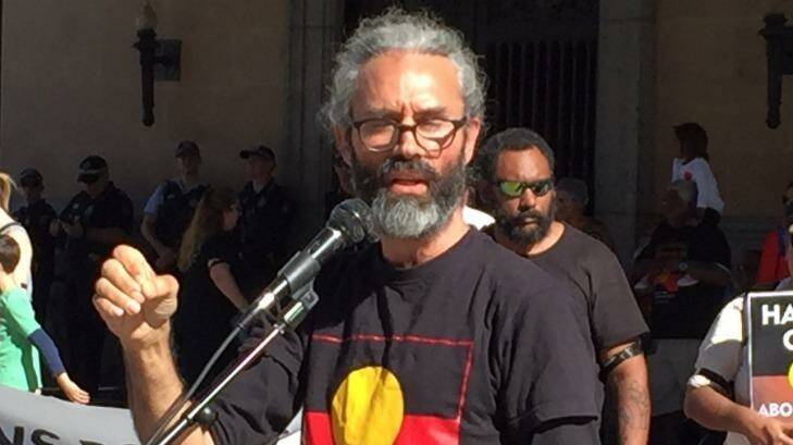 Jandamarra Cadd at Brisbane's King George Square during Saturday's call to extend a Royal Commission in the Northern Territory nationwide. Photo: Tony Moore