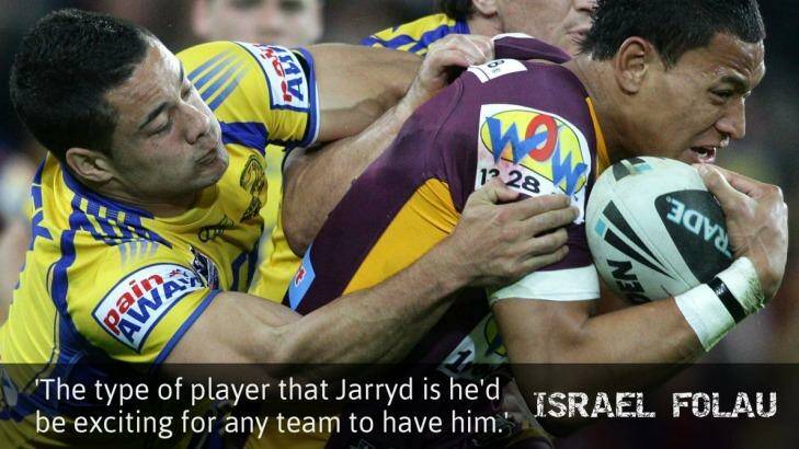 Old foes: Jarryd Hayne and Israel Folau back when they played for Parramatta and the Broncos respectively. Photo: Getty Images 