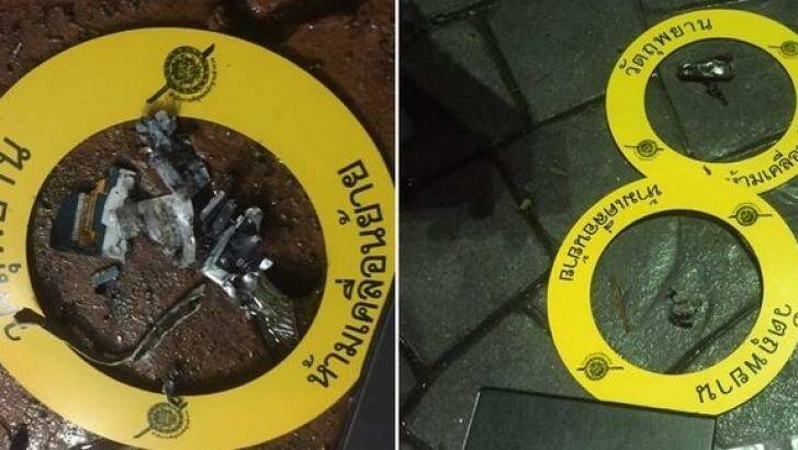 Bomb pieces marked as evidence at the scene.
 Photo: Supplied