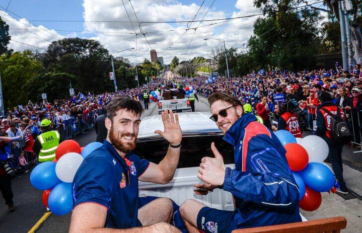 The Age, News, 30/09/2016, photo by Justin McManus. AFL Grand Final Parade. Western Bulldogs and Sydney in the Grand Final Parade through Melbourne. Tom Campbell and Jordan Roughhead.