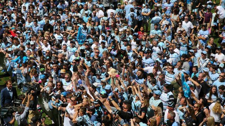More than 10,000 Sharks fans are believed to have celebrated with the players at Shark park. Photo: Kirk Gilmour