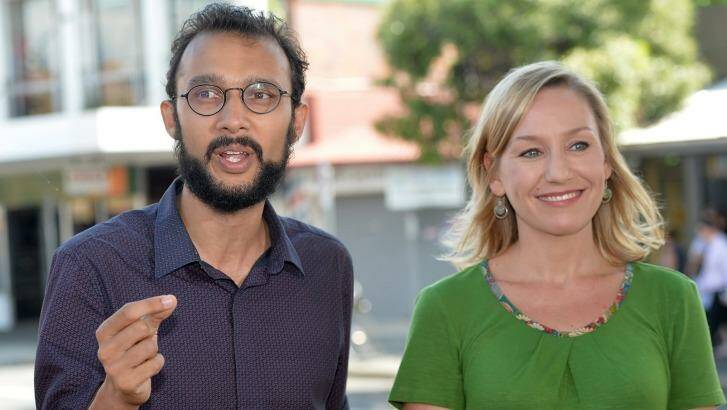 Councillor Jonathan Sri, with Greens deputy leader, Senator Larissa Waters, at the March 2016 council elections, will raise the concept of incentives to encourage more inner-city schools. Photo: Bradley Kanaris