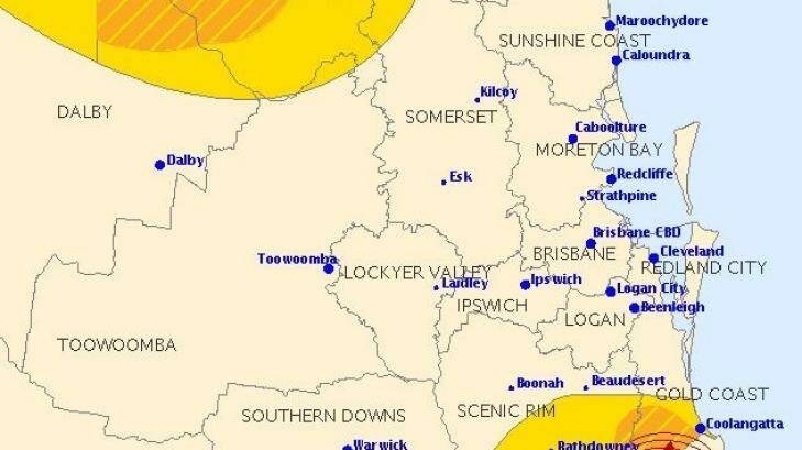 A slow-moving severe thunderstorm cell is dumping heavy rain on areas north-west of Brisbane, while a faster-moving system is moving north from New South Wales. Photo: Bureau of Meteorology