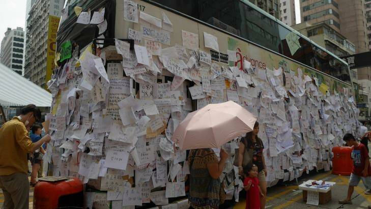 A public bus has become a focal point for the anti-government protest in Mong Kok. Photo: Philip Wen