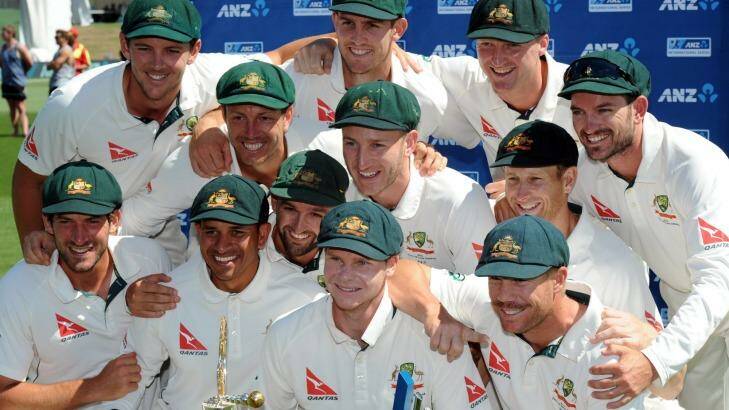 Happier times: Australia's Test team celebrate their series win over New Zealand and No.1 Test ranking in Christchurch. Photo: Ross Setford