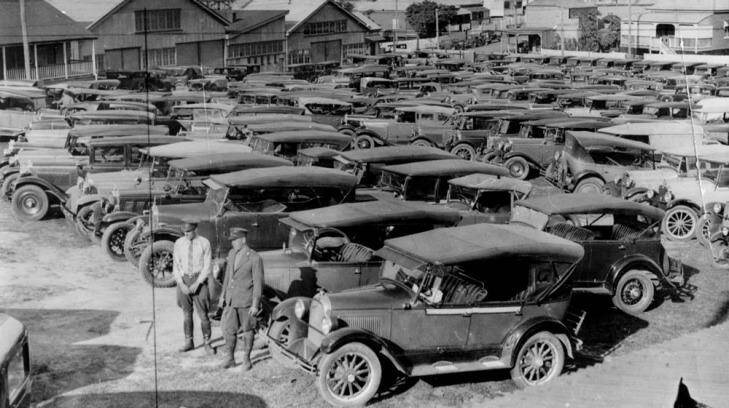 R.A.C.Q. parking lot in Fortitude Valley during the Brisbane Exhibition, ca. 1927. Photo: State Library of Queensland