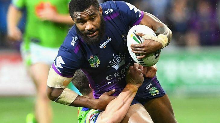  Dominant: Marika Koroibete of the Storm breaks through a tackle. Photo: Getty Images 