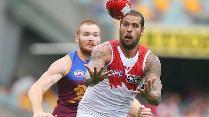BRISBANE, AUSTRALIA - MAY 01:  Lance Franklin of the Swans and Daniel Merrett of the Lions compete for the ball during the round six AFL match between the Brisbane Lions and the Sydney Swans at The Gabba on May 1, 2016 in Brisbane, Australia.  (Photo by Chris Hyde/Getty Images) Photo: Chris Hyde
