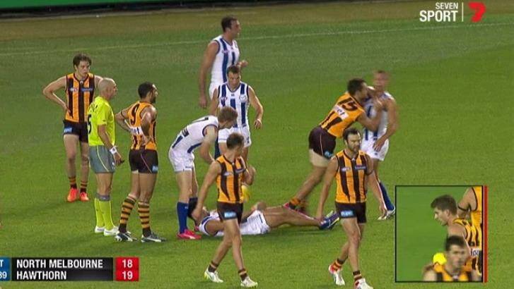 Hawthorn's Luke Hodge lashes out at North Melbourne's Andrew Swallow. Photo: Source: Channel Seven.