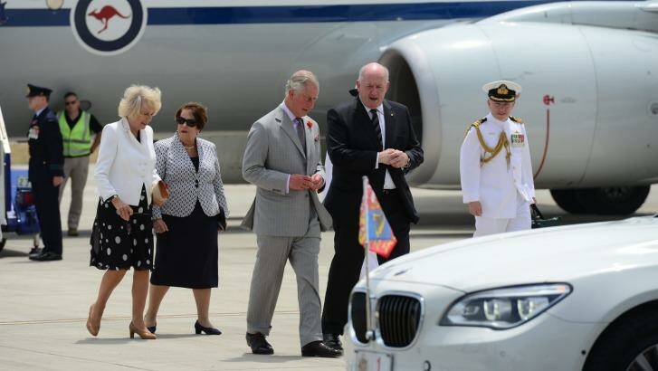 Their royal highnesses arrive at RAAF Base Edinburgh, South Australia. Prince Charles and General-General Sir Peter Cosgrove speak as do their wives Camilla Duchess of Cornwall and Lady Cosgrove.  Photo: Tricia Watkinson