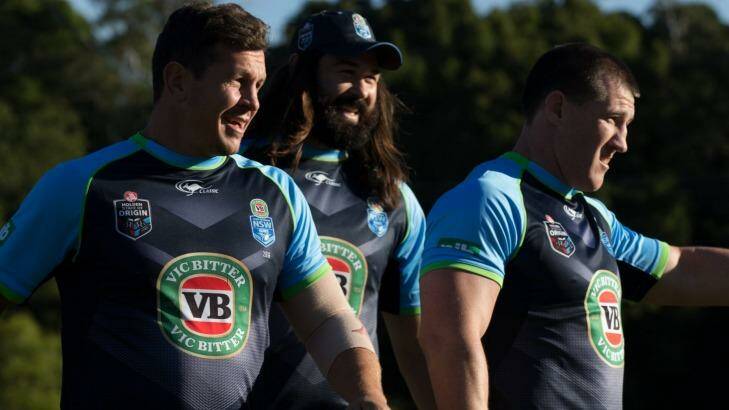 Blues brothers: Greg Bird, Aaron Woods and Paul Gallen at the NSW training camp.  Photo: Janie Barrett