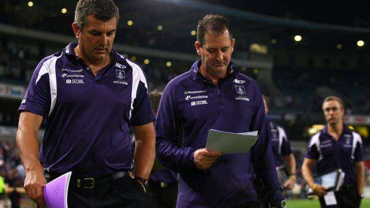 Dockers assistant coach Peter Sumich with Freo coach Ross Lyon. Photo: Paul Kane