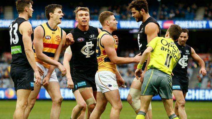 Carlton's Levi Casboult has copped a one-game ban for a strike on Crow Kyle Hartigan last round.  Photo: Getty Images/AFL Media