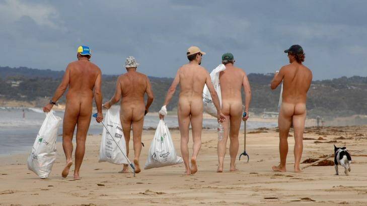 Nudists taking part in "Clean up Australia Day". Being nude on the beach remains illegal in Queensland. Photo: Drew Ryan