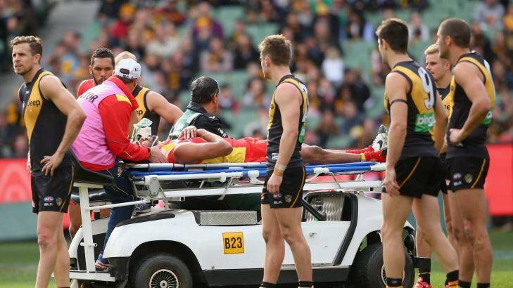 Jack Martin was stretchered from the ground, suffering a sickening third-term concussion. Photo: Quinn Rooney