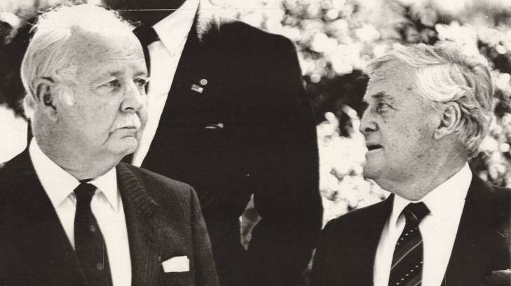 Governor of Queensland Sir Walter Campbell and Sir Joh Bjelke-Petersen at Government House after new ministers were sworn in after the 1987 election. Photo: Peter O'Halloran