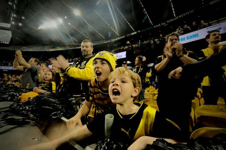 MELBOURNE, AUSTRALIA , 24 SEPTEMBER 2017:  Richmond supporters  Sebastian Almeida 5 And Gabe Lewis 11 yrs at the VFL grand Finals between Richmond and  Port Melbourne  at Etihad stadium on Sunday 24 September 2017. Photo Luis Enrique Ascui