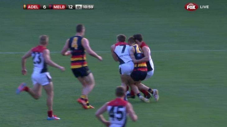Jack Viney was controversially suspended for two weeks for this collision with Crow Tom Lynch. Photo: Fox Footy