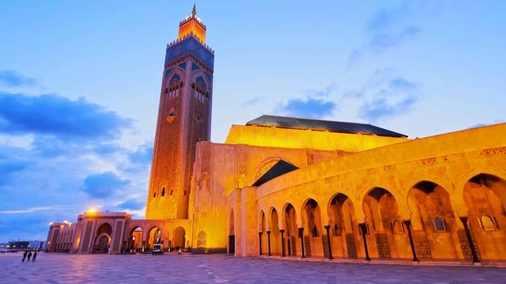 Golden glow: An evening view of the Hassan II Mosque in Casablanca.