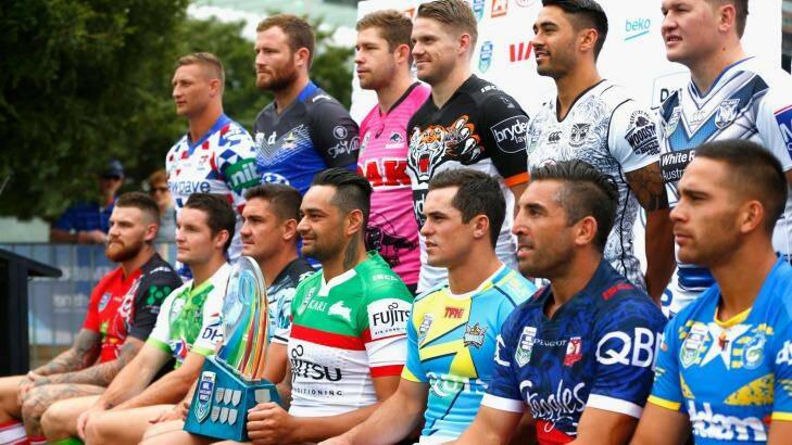 Fast and furious: John Sutton of the Rabbitohs holds the NRL Nines trophy at a captain's photoshoot in Auckland.  Photo: Phil Walter/Getty Images