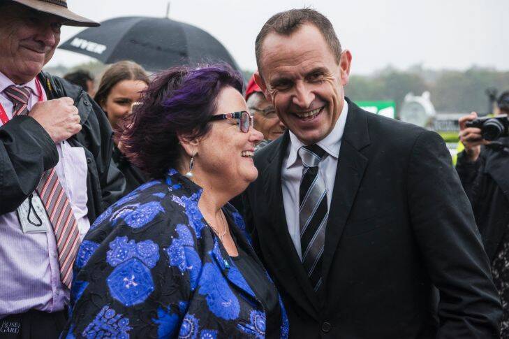 AFR MAG. Champion Australian Thoroughbred racehorse, Winx. Winx won her 15th straight in Chipping Norton Stakes at Randwick. Debbie Kepitis with Winx trainer Chris Waller after their win. Saturday 25th February 2017. Photograph by James Brickwood. AFR MAG 170225