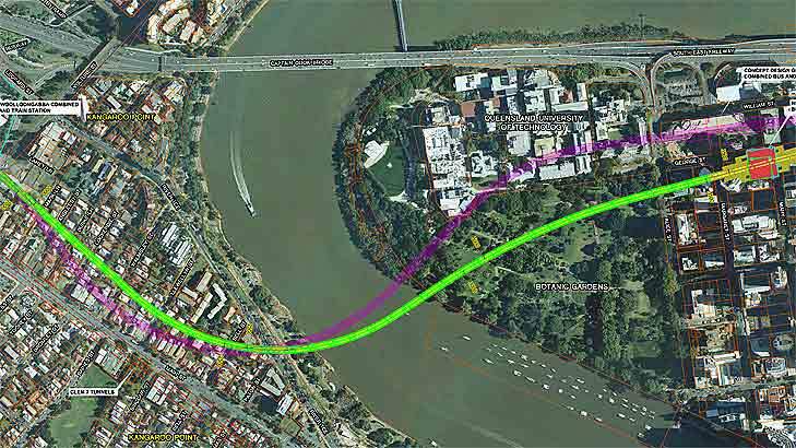 The green line represents the new route of the BaT Tunnel, while the purple line represents the path originally planned. Photo: Supplied