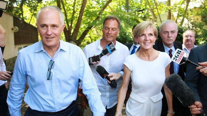 Malcolm Turnbull and Julie Bishop arrive at Rosemont House in Woollahra for Liberal Party fundraiser on Sunday. Photo: Edwina Pickles